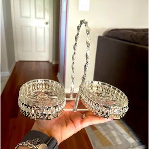 Vintage side by side dish in a silver caddy.